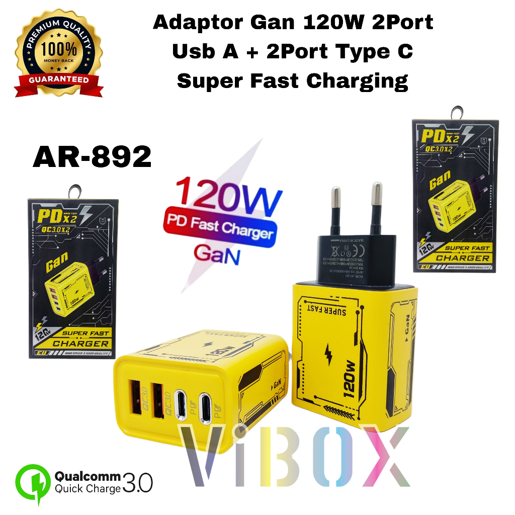 AR-892 อะแดปเตอร์ Bro 4 พอร์ต 2 พอร์ต Usb A + 2 พอร์ต Type C Super Fast อะแดปเตอร์ชาร์จ 120W BY.ROBO