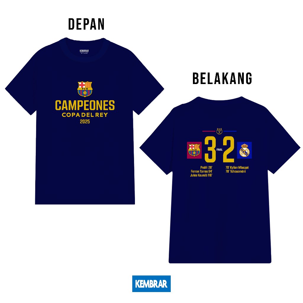 Kembrar ID - Barca 3-2 Madrid เสื้อยืด Copa del Rey Campeoones Bola Combed เสื้อยืด Barcelona เสื้อผ