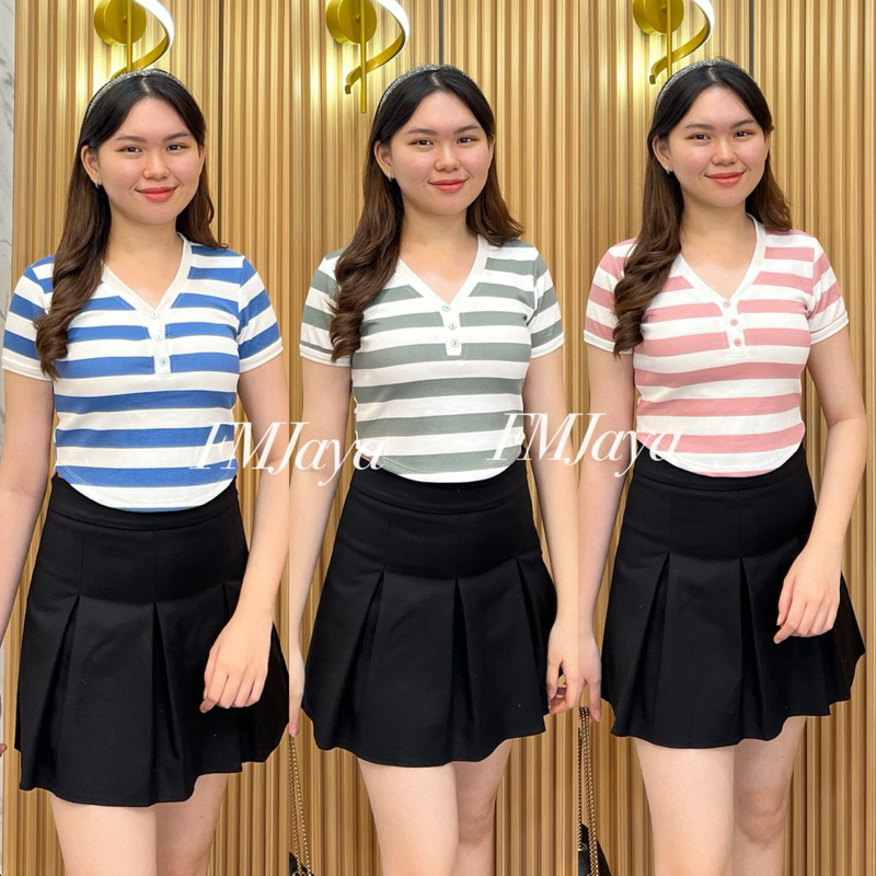 ผู้หญิง RIB KNIT TOP 1577 || เสื้อยืด FASHION WOMENS STRIPED KNIT || เสื้อยืด STRIPED CROP KNIT