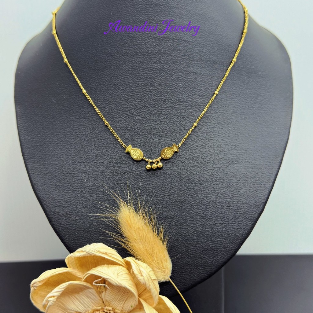 สร้อยคอผู้หญิงจี้สองลูกปัดปลา Boba Luck Gold Titanium