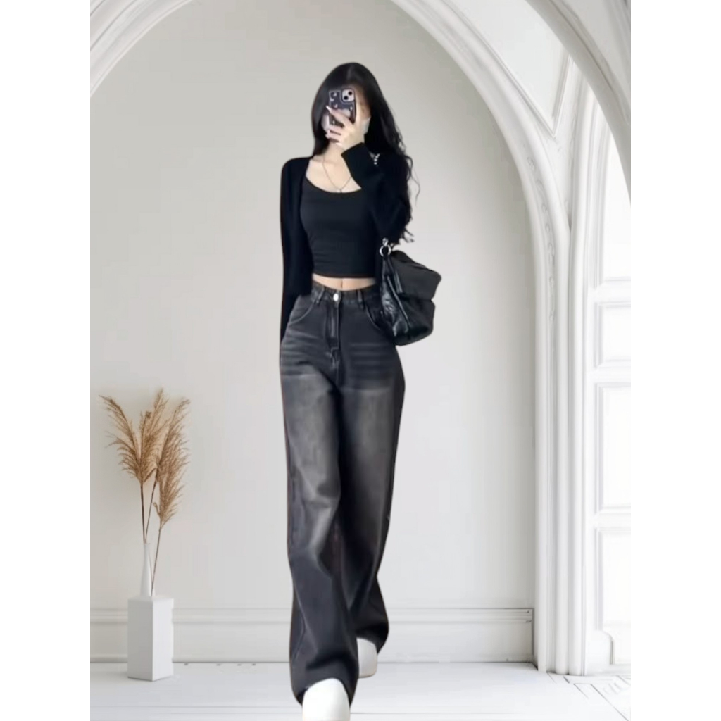 กางเกงยีนส์ขายาว Baggy for Women & Men Premium Baggy loose Jeans - Korean Style Black Cool Baggy