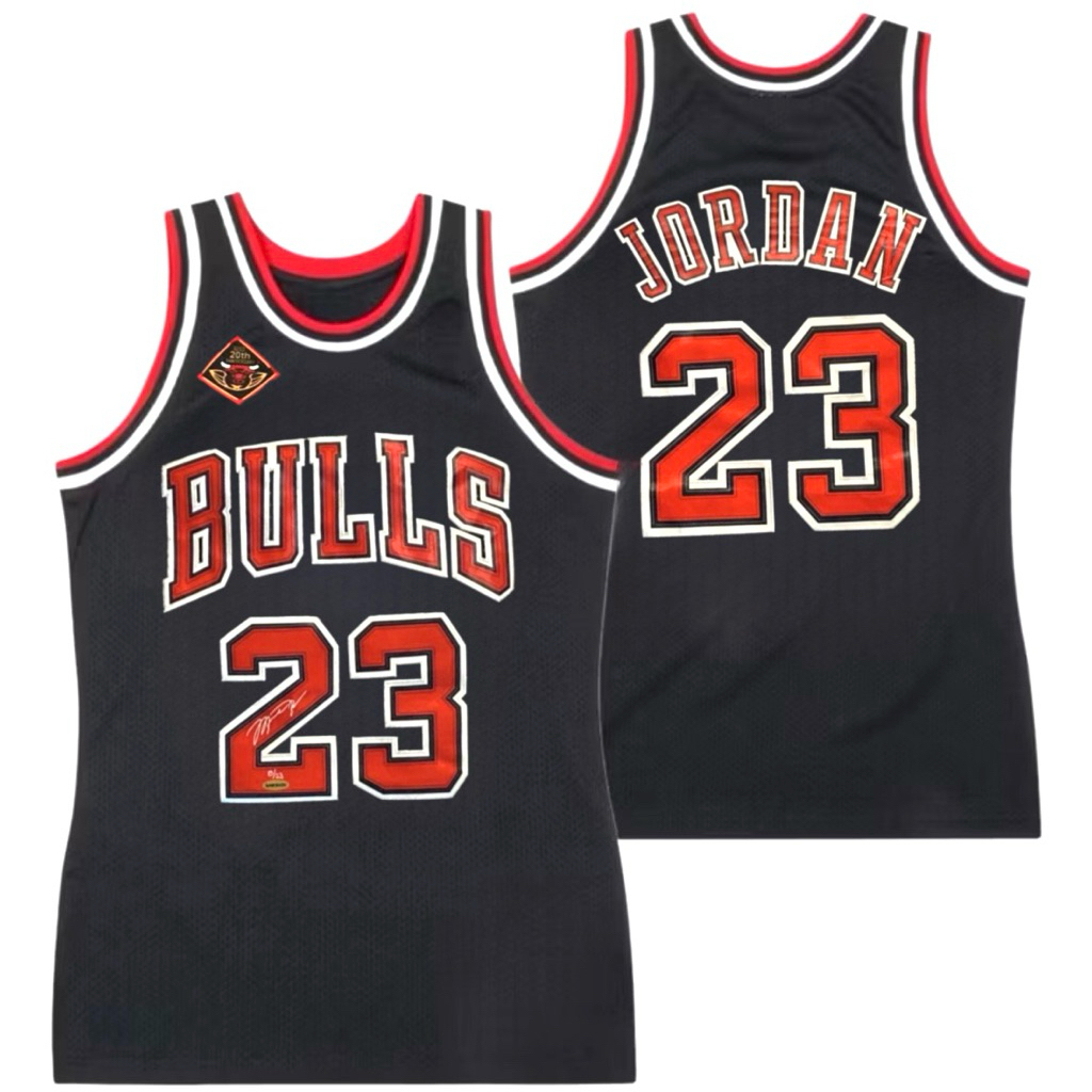 นําเข้า EMBROIDERED CLASSIC BULLS 23 MICHAEL JORDAN 20TH ANNIVERSARY SIGNATURE BLACK BASKETBALL JERS