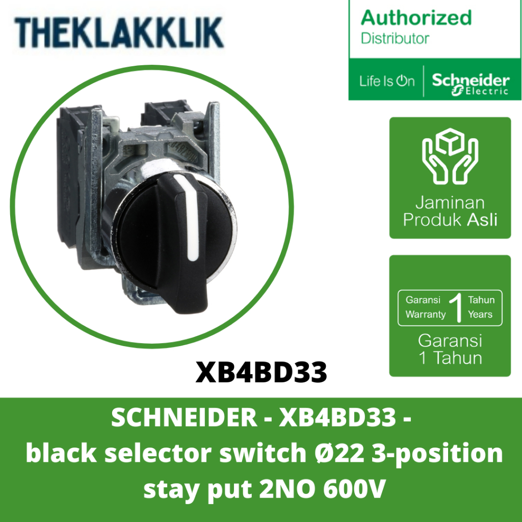 SCHNEIDER - XB4BD33 - Black Selector Switch Ø22 สเตย์ 3 ตําแหน่ง ใส่ 2NO 600V
