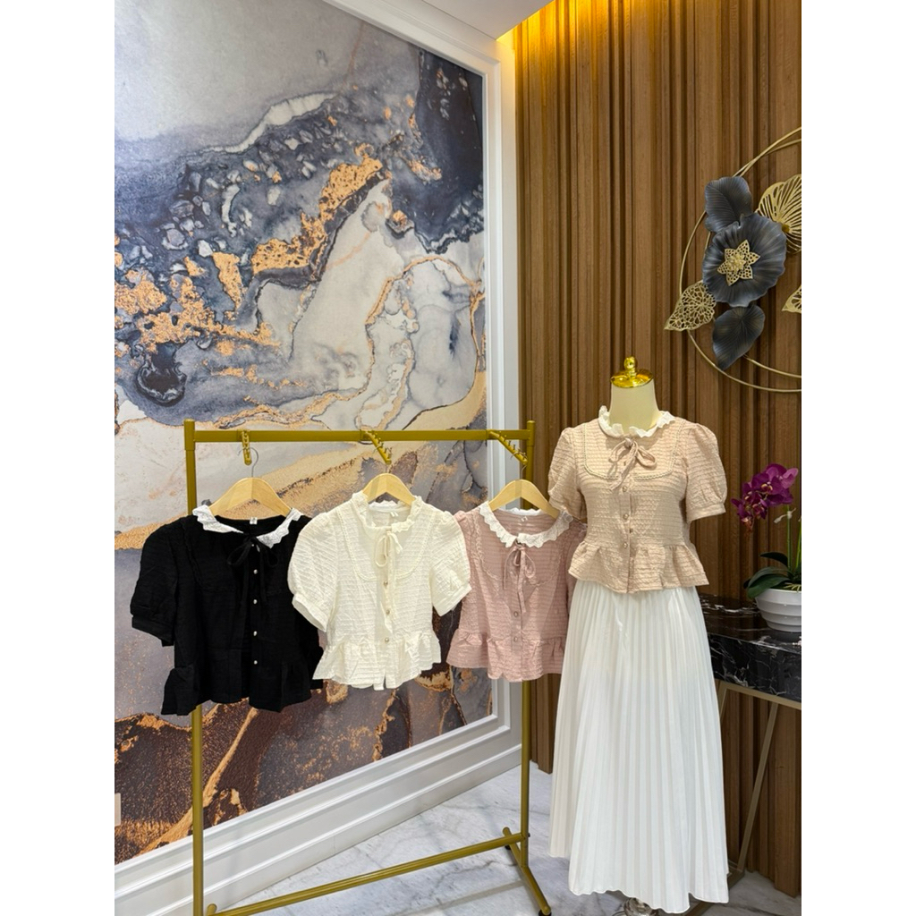 8840-2 เสื้อเบลาส์ริบบิ้นคอปกลูกไม้ฤดูหนาว mql