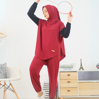 HELAIRINDU - Setelan Hijab Olahraga Wanita Outer Hijab dan Celana Bahan Jersey