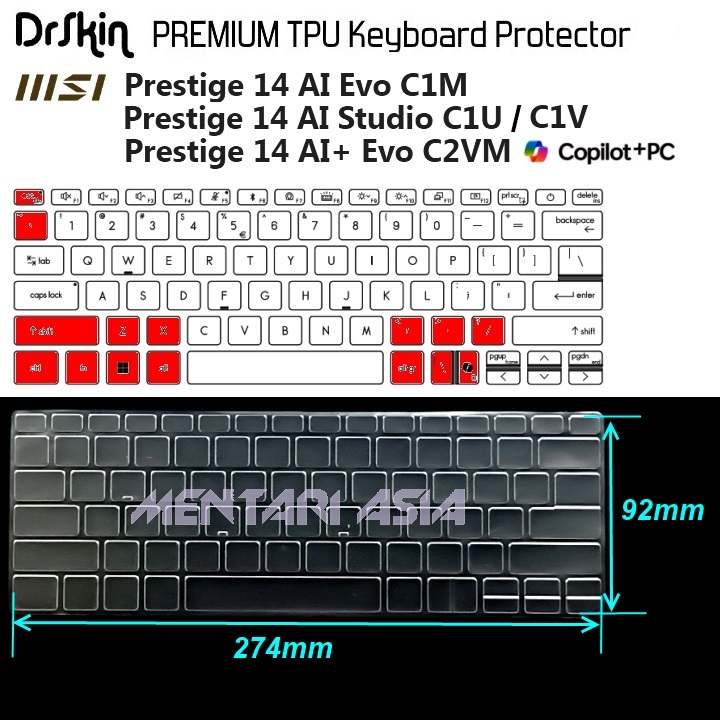 ตัวป้องกันแป้นพิมพ์ MSI Prestige 14 AI Evo C1M C2VM 14 AI Studio C1U C1V - DrSkin PREMIUM TPU Clear