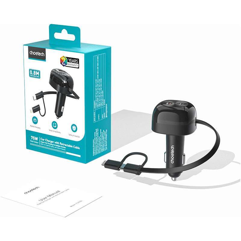 Choetech PD45W USB-C+USB-A ที่ชาร์จแบตในรถพร้อมอินเทอร์เฟซ C+L สายยืด TC0036