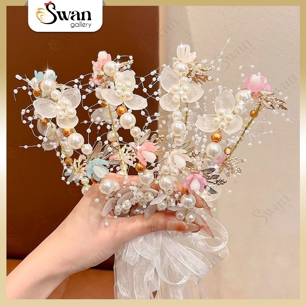Elegant Headpiece Pearl Flower Crown ความงาม Pearl Flower Crown Headpiece Accessories