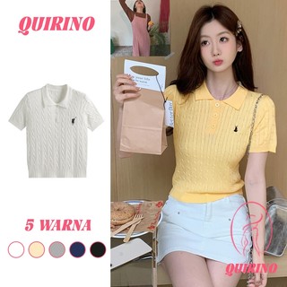 QUIRINO - P0l0 atasan rajut wanita motif kepang kancing hidup lengan pendek