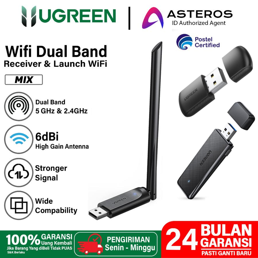 UGREEN อะแดปเตอร์ไร้สาย USB WIFI AC650 AC1300 ตัวรับสัญญาณ 6dBi เสาอากาศ Ethernet Dual Band 5G และ 2