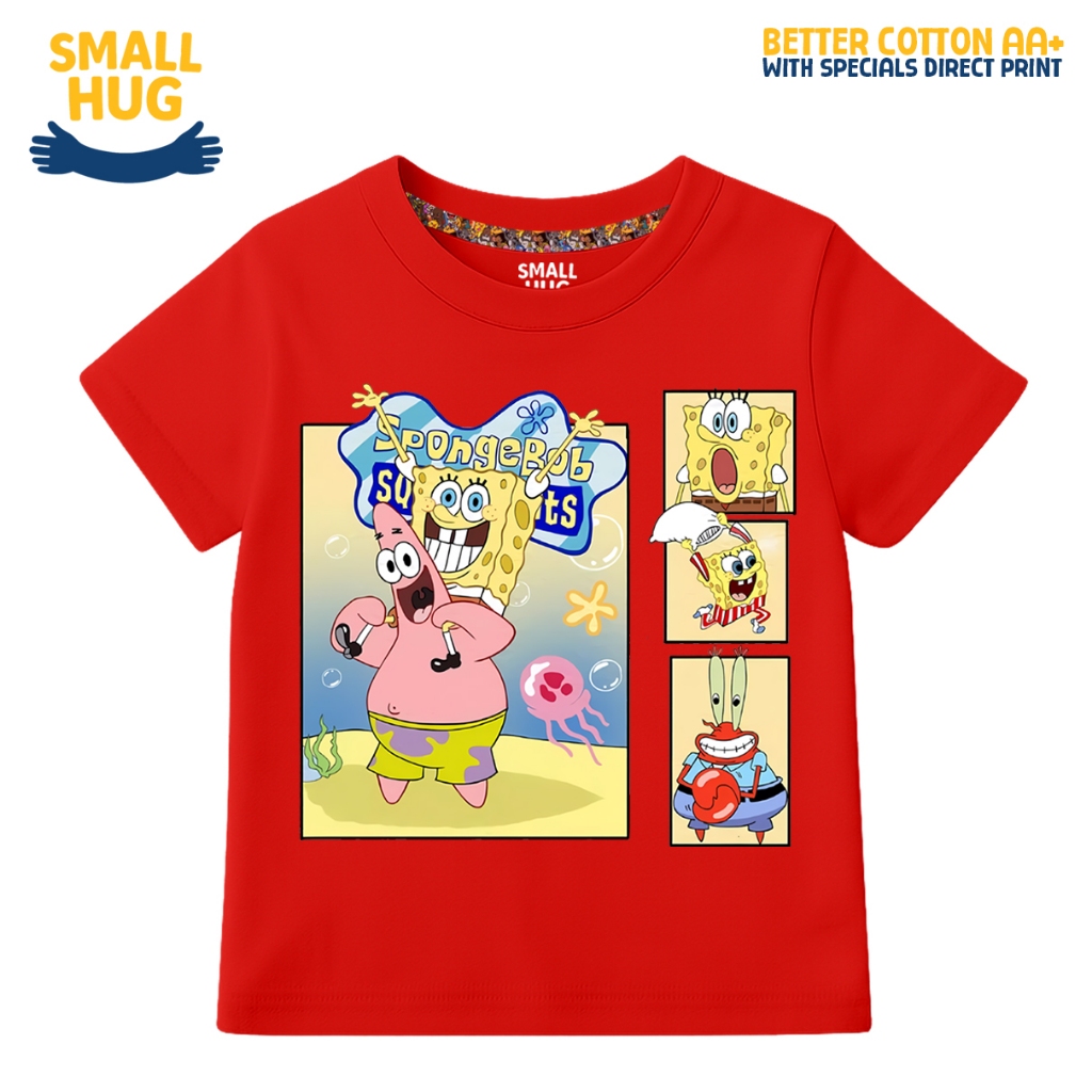 MERAH SMALL HUG KIDS - Boys Cartoon SPONGEBOB PANEL A Red T-Shirt Top 2-10 ปี