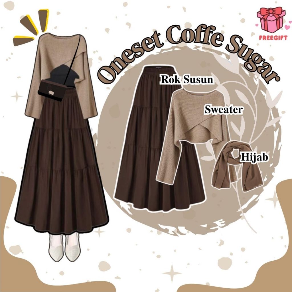 Sugar Coffee Oneset Brown Layered Skirt and Cross Knit Sweater in Brown Shades เหมาะสําหรับ Hanging 