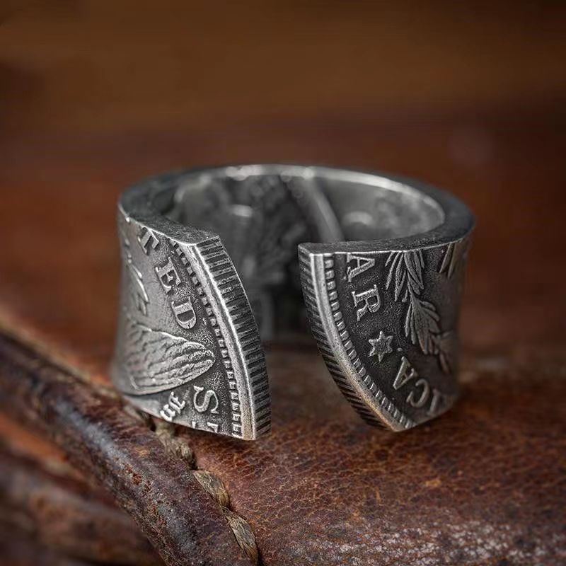 American Dollar Coin Ring (ปรับได้) / Cool Mens Retro Ring / Mens Ring with Dollar Coin Motif