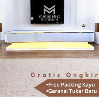 Meja TV Minimalist Modern Putih List Gold Dengan Lampu LED