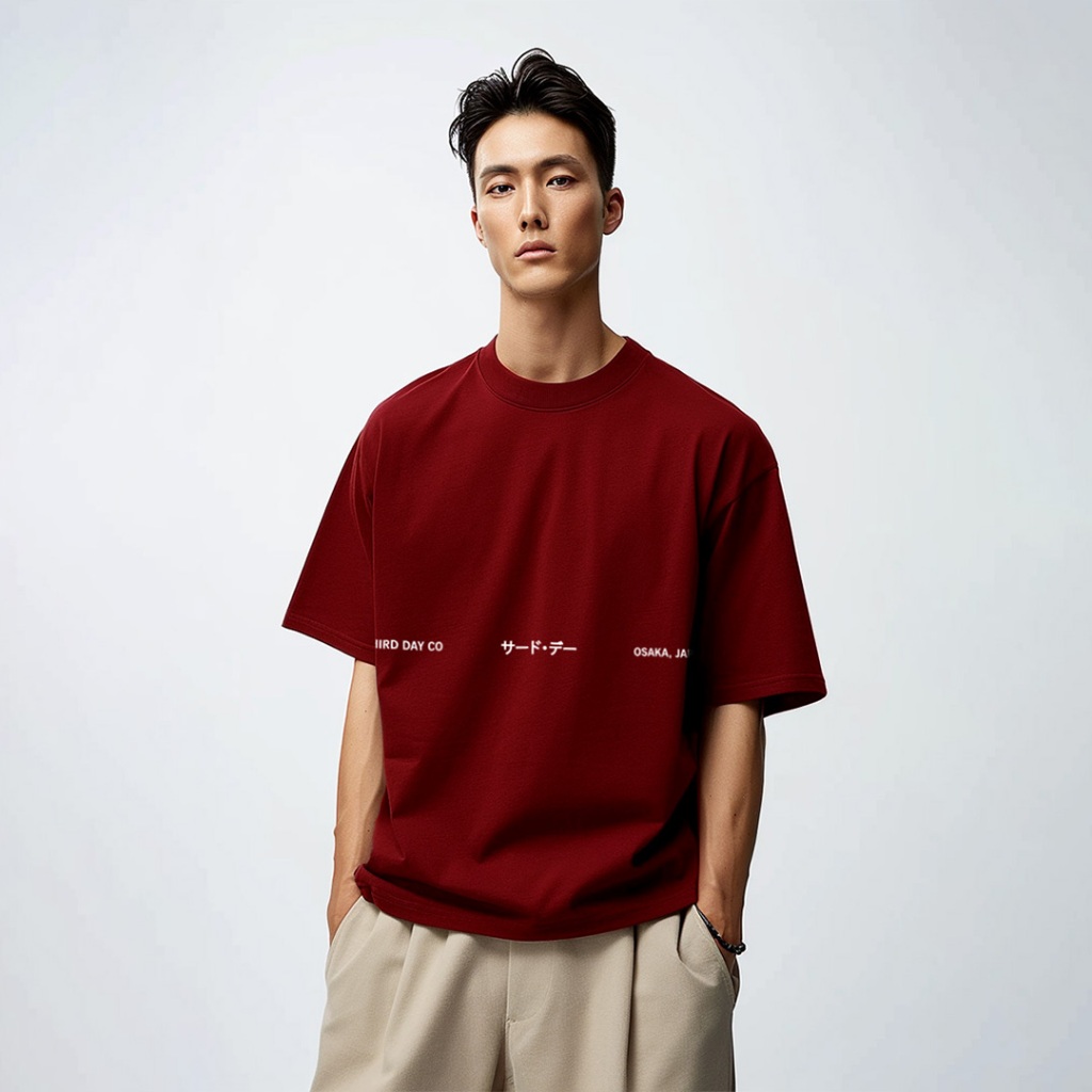 เสื้อยืดโอเวอร์ไซส์ดําน้ําหนา "วันที่สาม Katakana Osaka" Maroon MTN58 สีดํา MTN57 สีขาว MTN56 Khaki 