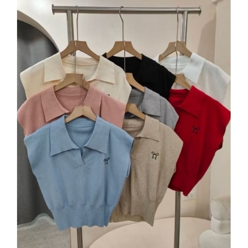 เสื้อครอปผ้าถักแขนสั้นผู้หญิงคอปก VTR ริบบิ้น กทม. bkk FY