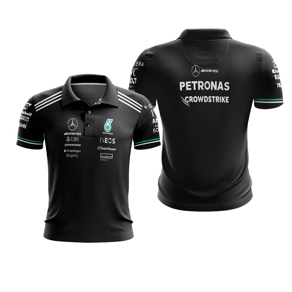 เสื้อยืด Polo V คอ Jersey Racing F1 Mercedes AMG Black & White Ver พิมพ์เต็มฟรีที่กําหนดเอง