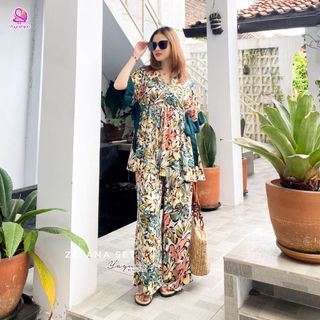 Zefana Set Celana Panjang Bahan Rayon Adem Tali Samping Kanan Kiri Kerah V-Neck Busui