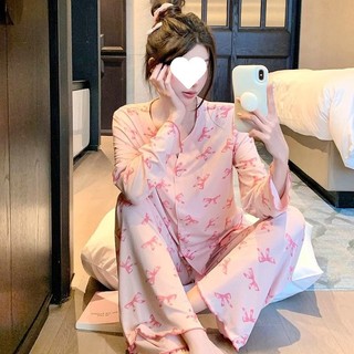 Piyama Wanita Pink Set BS-5077 Baju Tidur Ice Silk V-Neck Lembut Lengan Panjang Celana Panjang Kancing Depan Sleepwear Mimon Home