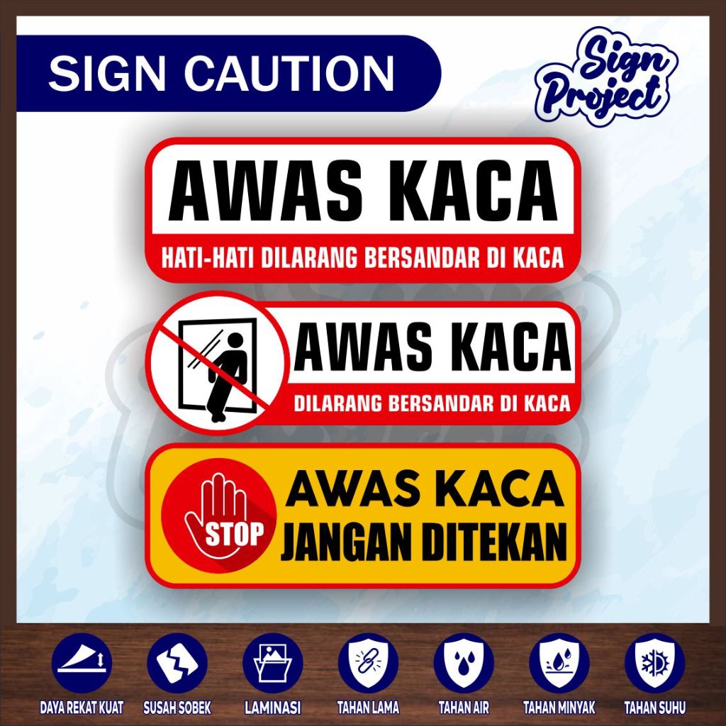 สติ๊กเกอร์ไวนิลกันน้ํา BEWARE OF GLASS PROHIBITED IN GLASS สติ๊กเกอร์เคลือบเคลือบเงา/กระจก