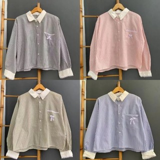LULU Stripe Blouse Kombinasi Renda Kekinian
