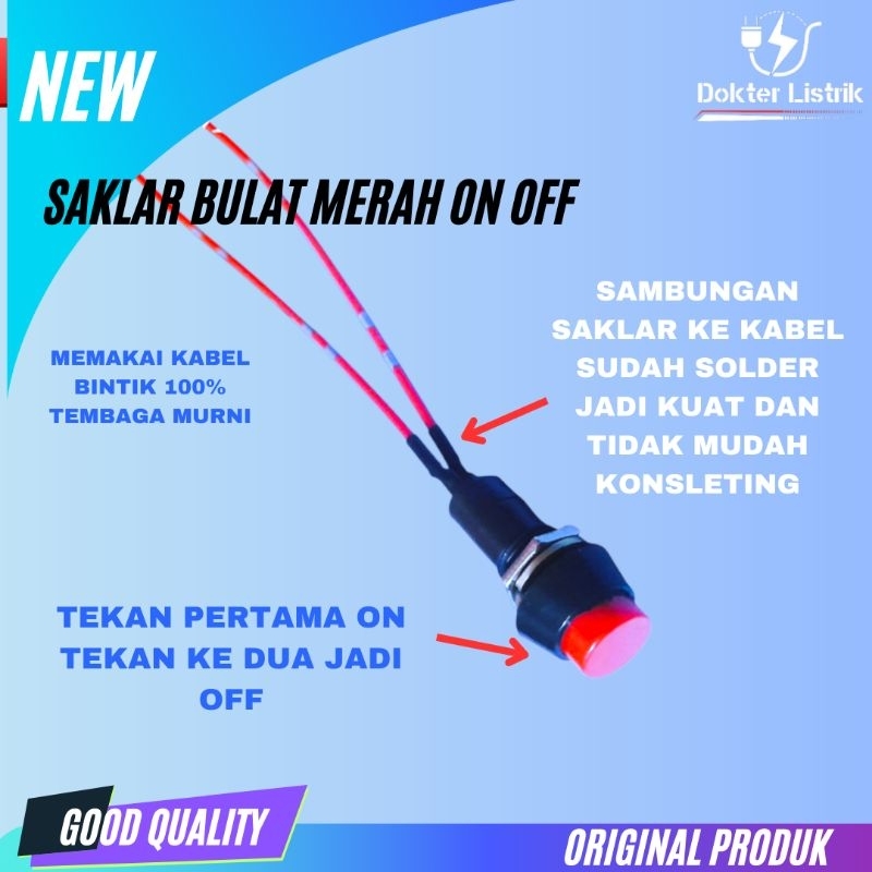MERAH RED ROUND SWITCH 2 PIN PREMIUM ON OFF บัดกรีแล้ว