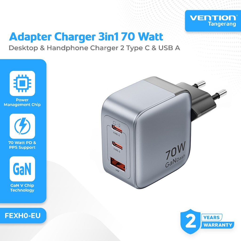 VENTION FEXH0-EU Adapter Charger Head 3 in 1 70W 3A 2 Type C USB A GaN Dash Series Super Fast Chargi
