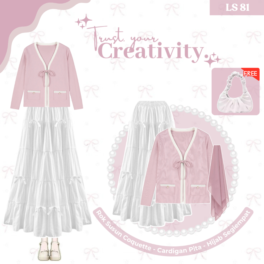 KATUN Coquette Girl Outfit (คาร์ดิแกนริบบิ้นถักสีชมพู, ผ้าฝ้ายสีขาว Coquette Layered, Bella Square P