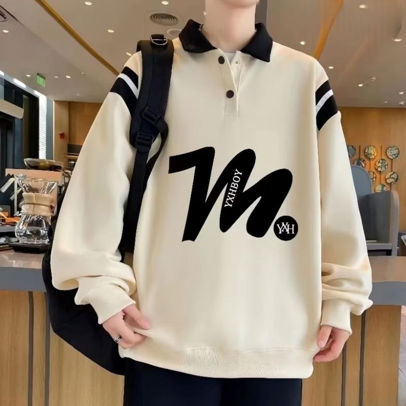 Just JaCket - เสื้อสเวตเตอร์คอปกขนาดใหญ่ (S - 6XL) BASEBALL SIGNATURE BOY Crewneck Polo Collar Mix T