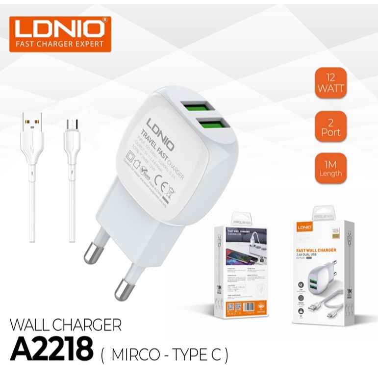 LDNIO USB CHARGER A2218 FAST WALL CHARGER 2.4A Dual USB micro รุ่น