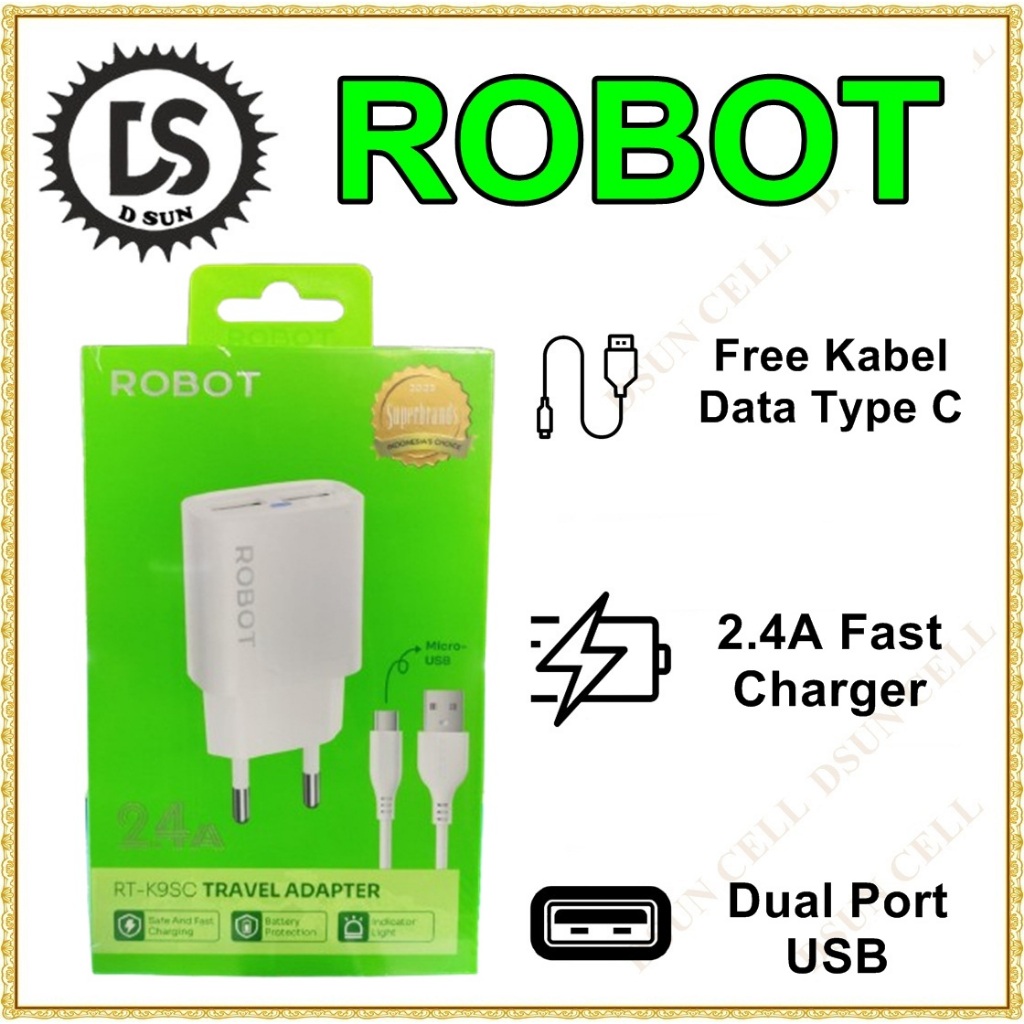 Travel Adapter Robot RT-K9SC 2.4A Dual Port Usb Free Type C Data Cable