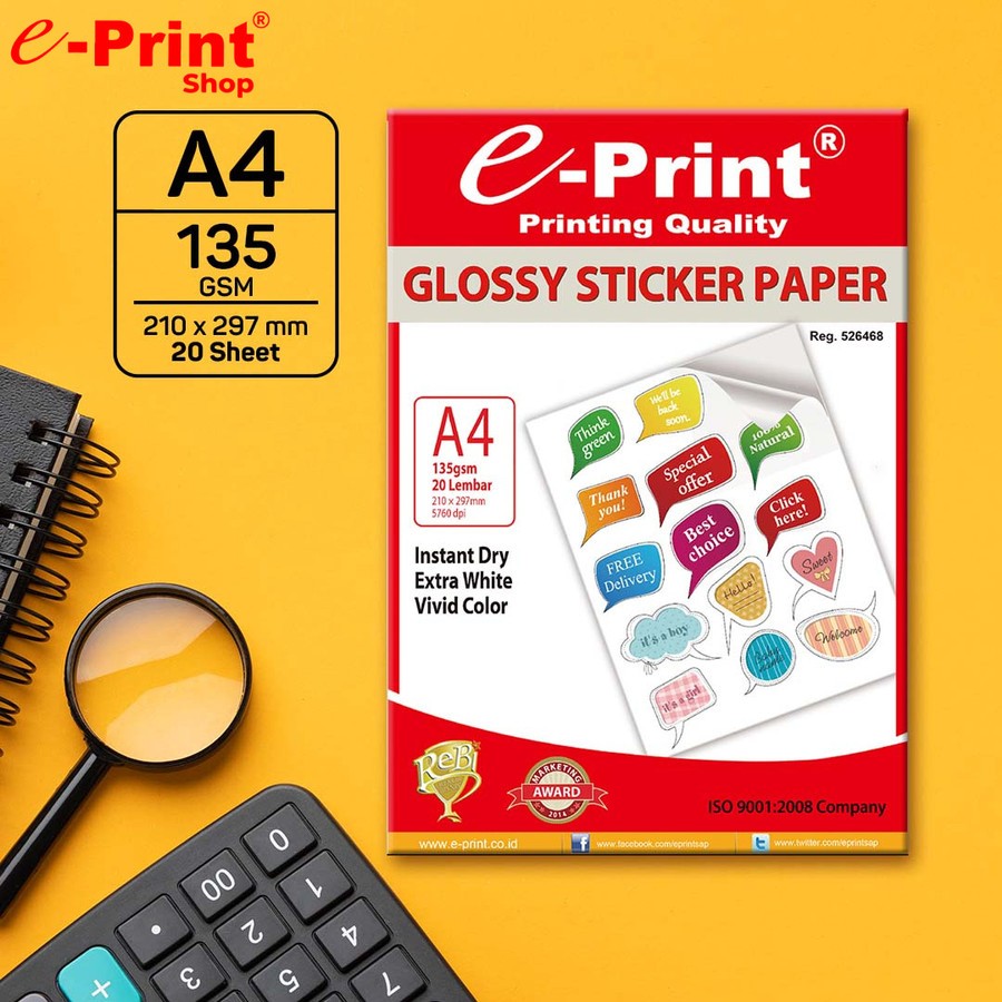 กระดาษสติ๊กเกอร์มันเงา A4 by e-Print 135 Gsm / Eprint กระดาษสติ๊กเกอร์ 20 แผ่น