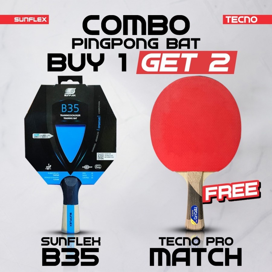 Combo Package ซื้อ 1 แถม 2 เทเบิลเทนนิสปิงปอง Bats Sunflex B35 Blue Black Rubber Sportive Bet Tecno 