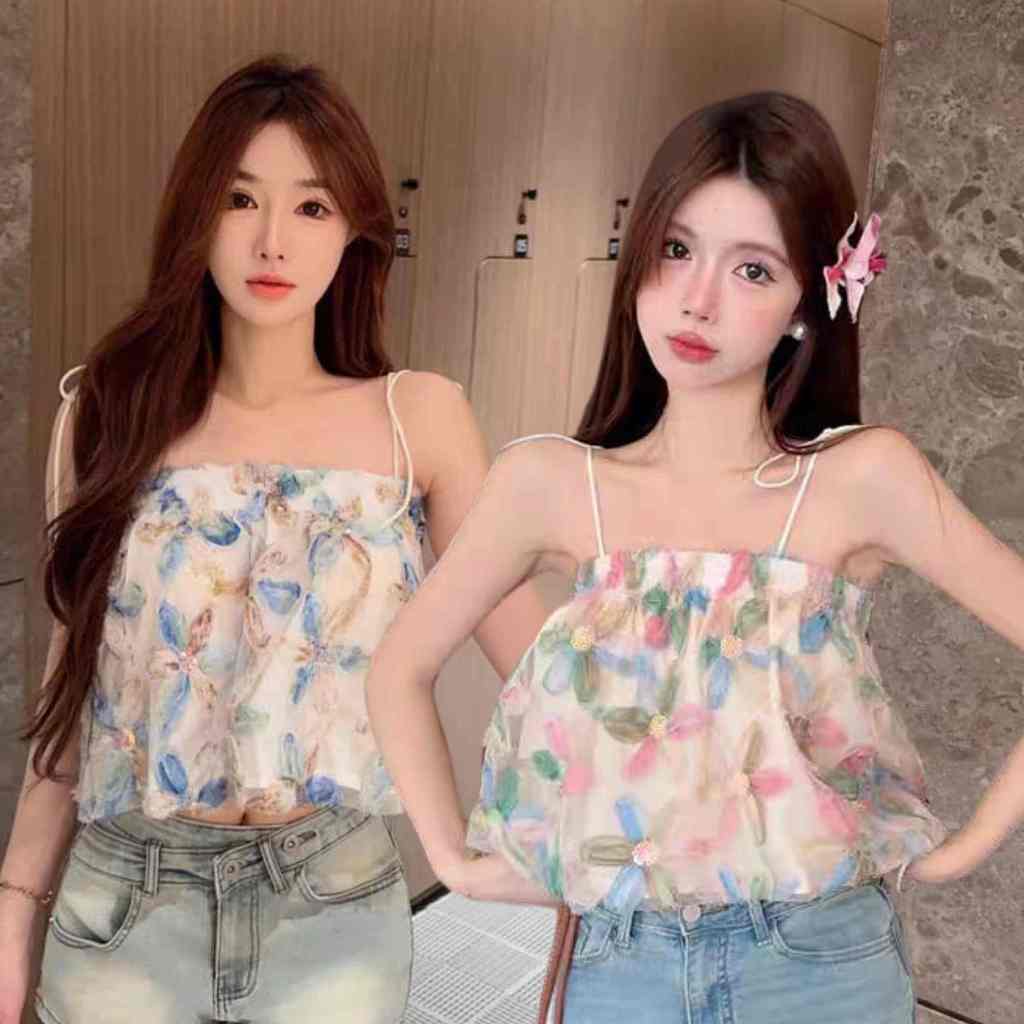 JMS Fashion 230 / A9005 CH TANKTOP FLOWER 3D sequined Crop Top เกาหลี Premium strap-1