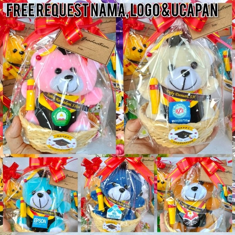 GRADUATION DOLL TEDDY BEAR BASKET UK ±16 ซม. ฟรี REQUEST NAME, โลโก้, และ GREETINGS