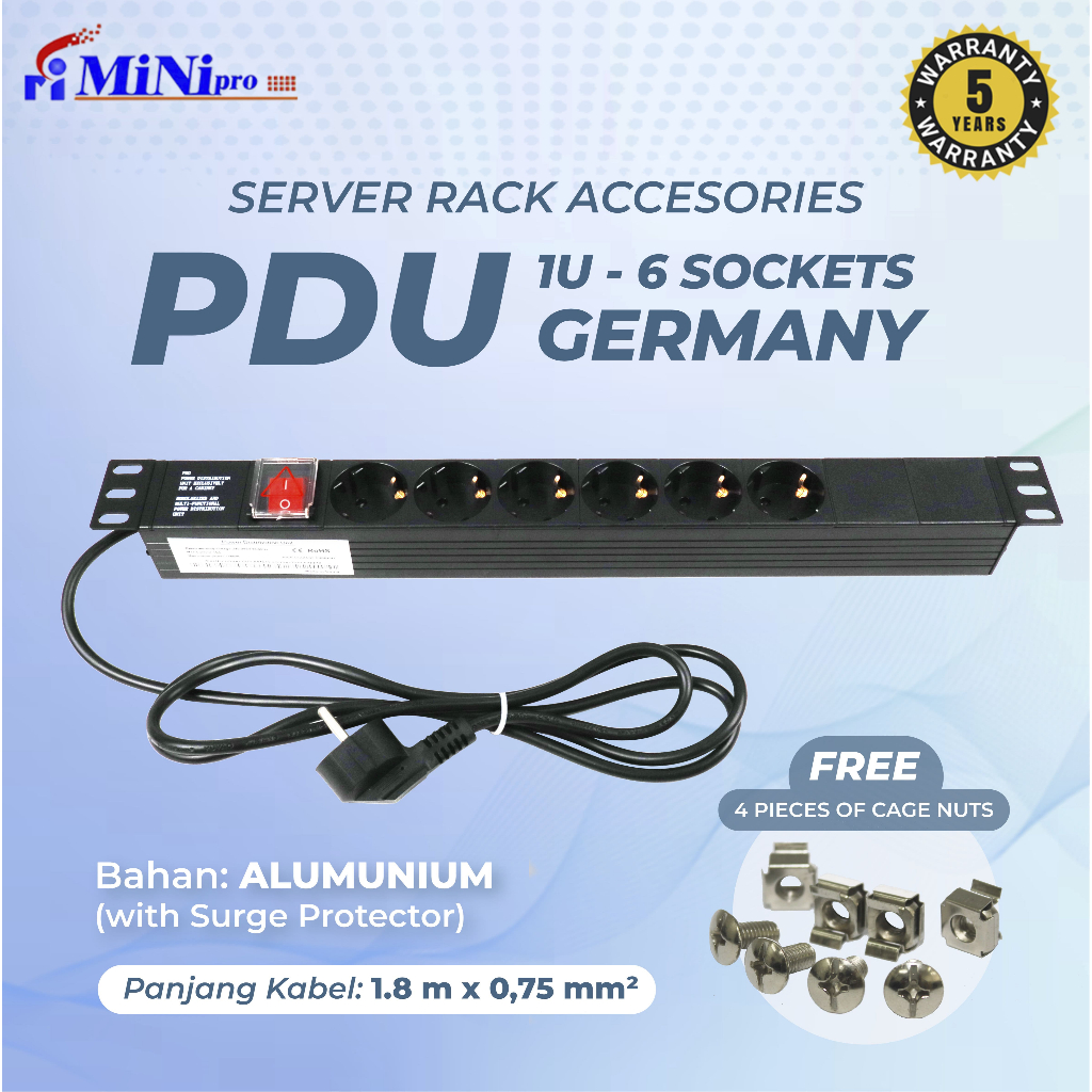 Minipro Power Distribution Unit Rack Server 6 พอร์ตเยอรมนีซ็อกเก็ต 1500W/1U 6Way PDU เยอรมนี 703/PDU