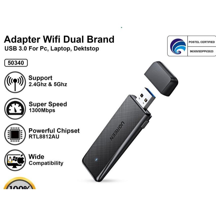 UGREEN ตัวรับสัญญาณอะแดปเตอร์ Wifi AC1300 Dual Band 2.4GHz-5GHz สูงสุด 1300Mbps 50340 / อะแดปเตอร์ W