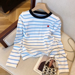 Kaos Lengan Panjang Leher Bulat Bordir Garis-garis Kontras Biru Atasan Fashion Wanita Gaya Korea