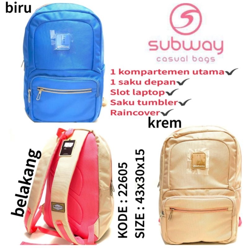 Original SUBWAY 22605 School Backpack สีฟ้าและครีม // Original Subway Trend School Backpack