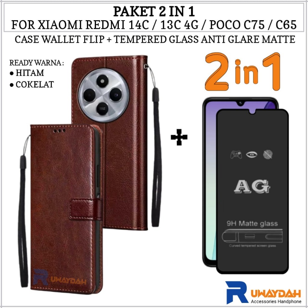 LAYAR 2in1 Case Wallet Package Xiaomi Redmi 14C 13C 4G Poco C75 C65 Full Screen Glass Anti-Scratch W