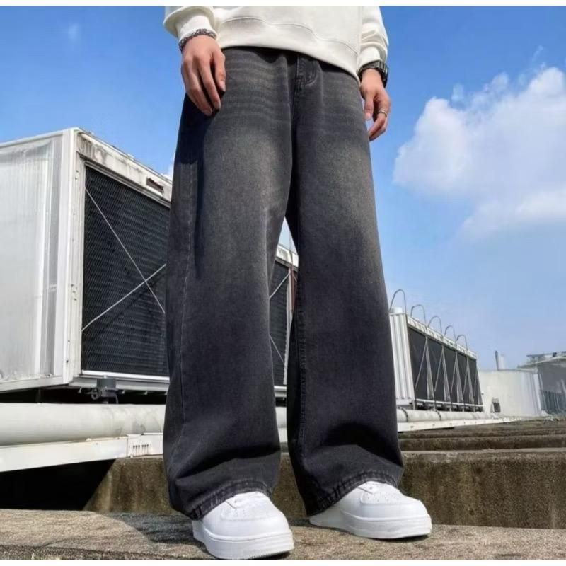 กางเกงยีนส์ทรงหลวมจัมโบ้กางเกง Baggy Unisex (ผู้ชายและผู้หญิง) / กางเกง Whisker Baggy สีดํา