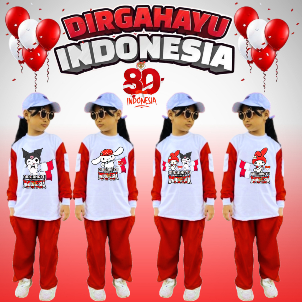 MERAH Setln Abak August เสื้อยืดสีแดงและสีขาว + กางเกง Suit Hut Ri Mura 1 2 3 4 5 6 7 ถึง 15 ปี Ones