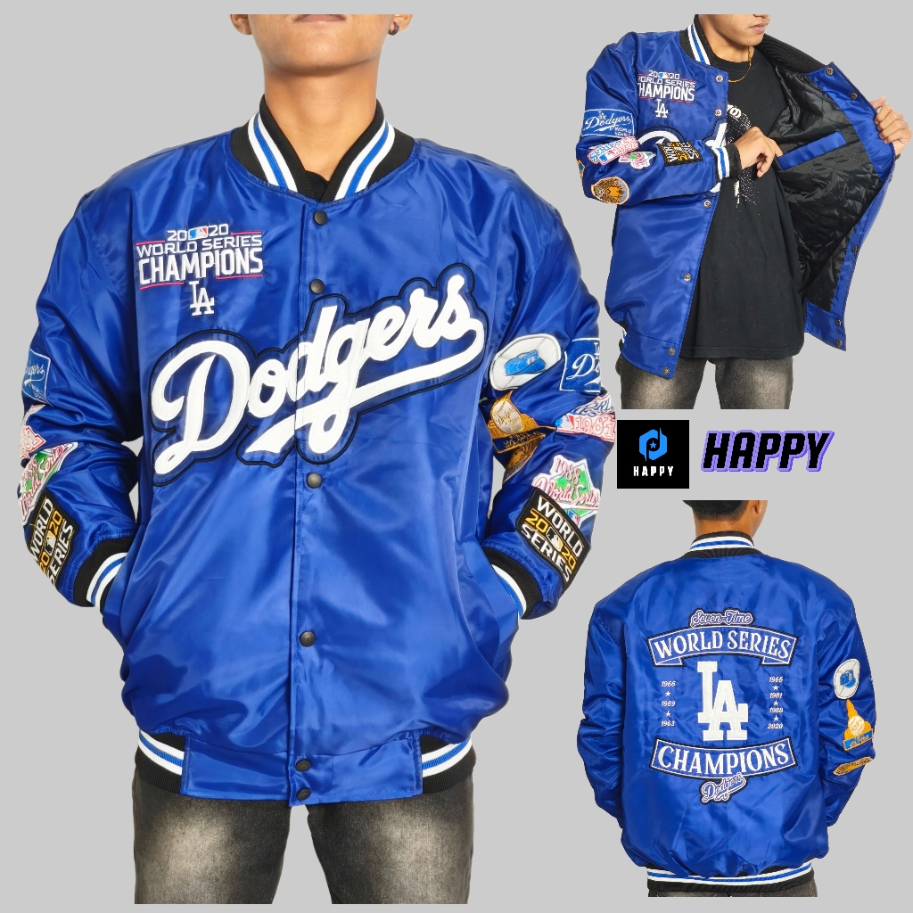 HAPPY Bomber Varsity Jacket Unisex ผู้ใหญ่เย็บปักถักร้อยเต็มรูปแบบ Dodgers สีดํา Seven Time World Se