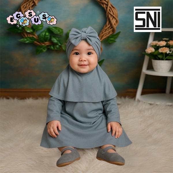 (EGSUS) ชุดเดรสเด็กพร้อมผ้าคลุมฟรี + ผ้าโพกหัวสีเทา