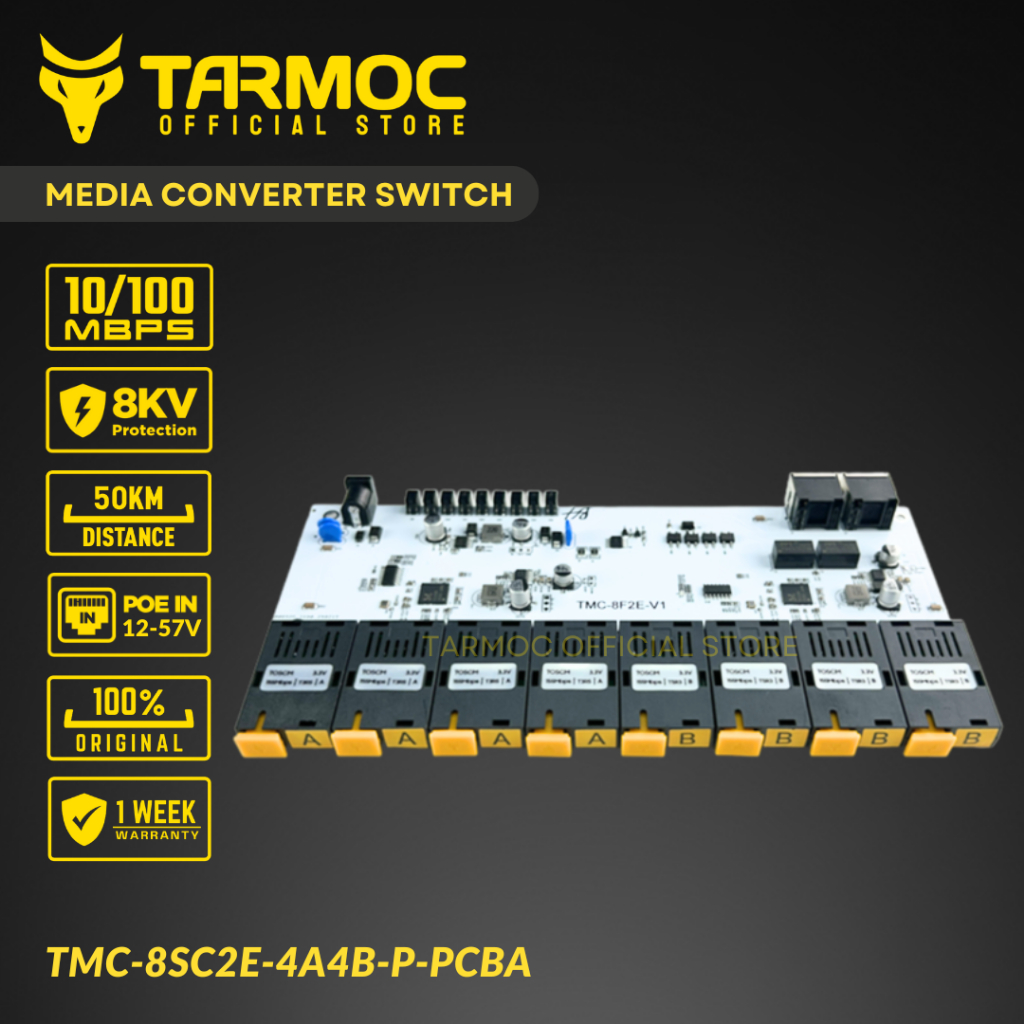 Tarmoc TMC-8SC2E-4A4B-P-PCBA | สวิตช์แปลงสื่อ 8 FO 2 LAN 10/100Mbps POE IN 12-57V
