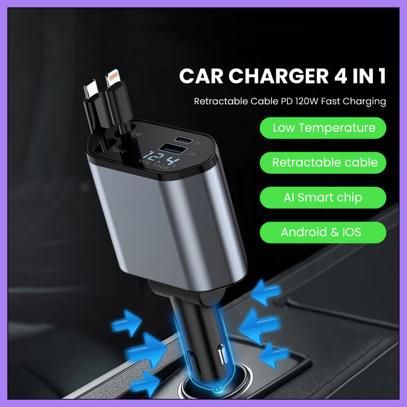 120W Fast Car Charger สายแบบพับเก็บได้ 4 In 1 Type-C & Lightning USB Car Charger ชาร์จเร็ว