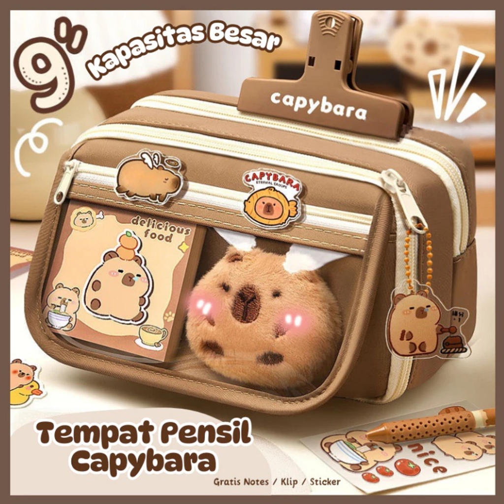 กล่องดินสอ Capybara สุนทรียศาสตร์เกาหลี | บันทึกฟรีความจุขนาดใหญ่ + คลิป + สติ๊กเกอร์ | กล่องดินสอโรงเรียน/สํานักงานมัลติฟังก์ชั่นน่ารัก