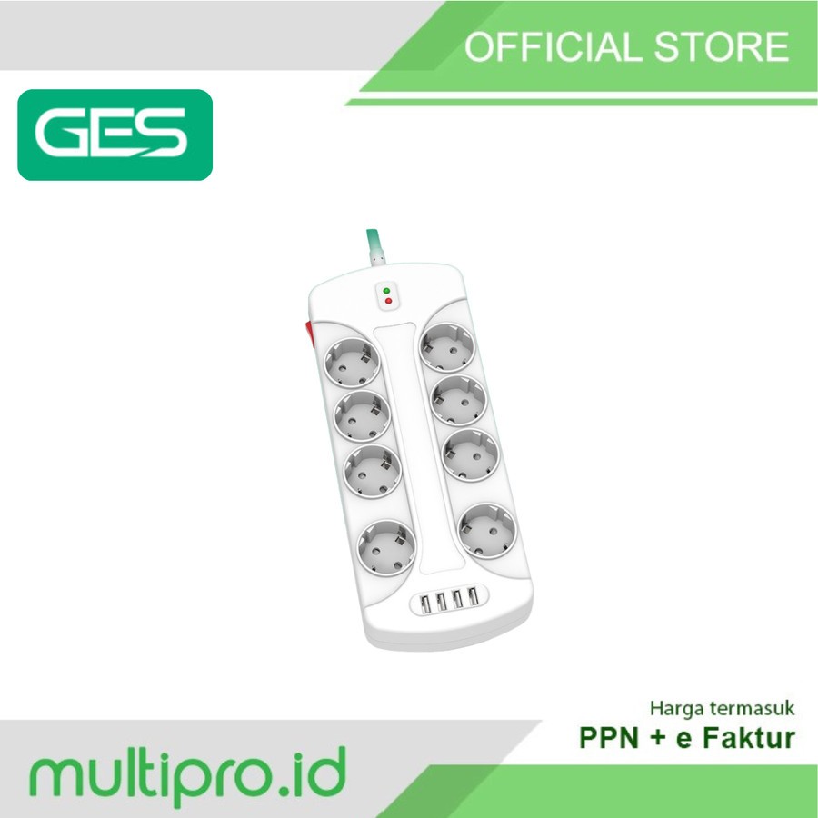 GES Surge Protection GM8U-NR ปลั๊กป้องกันฟ้าผ่า 8 ซ็อกเก็ต 230V 2500W 4 พอร์ต USB
