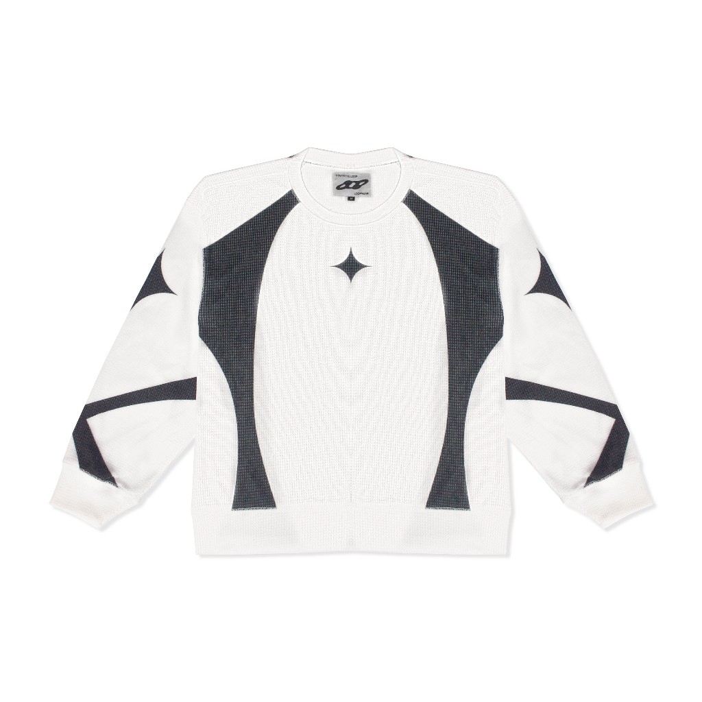 LOOP White Cyber Grid – Waffle Longs sleeve Oversize Boxy Crewneck Unisex Streetwear Skena ผู้ชายผู้