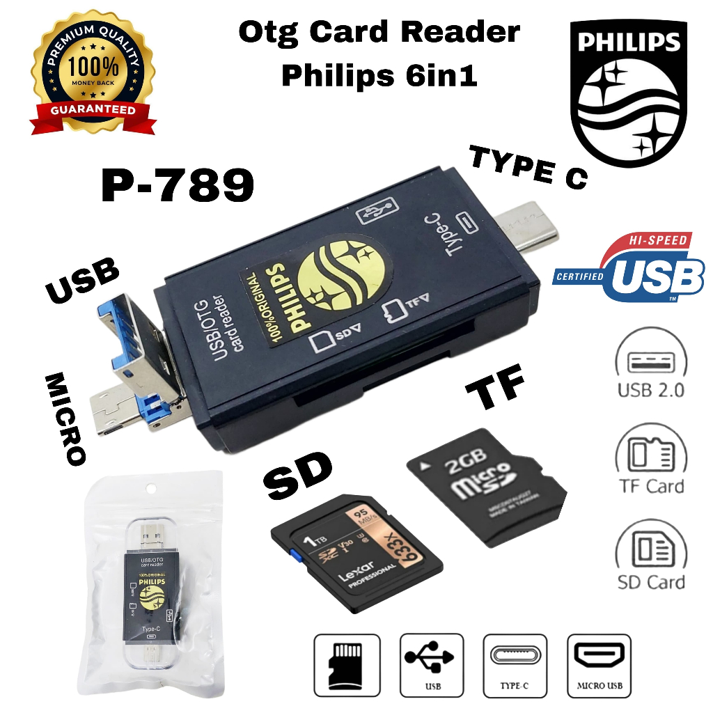 เครื่องอ่านการ์ด Philips P-789 OTG 6 in 1 รองรับ Micro USB / Type C USB 3.1/2.0 การ์ด SD TF Card Mic